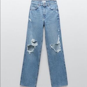 Zara Wide Leg High Rise Distressed Denim Jean